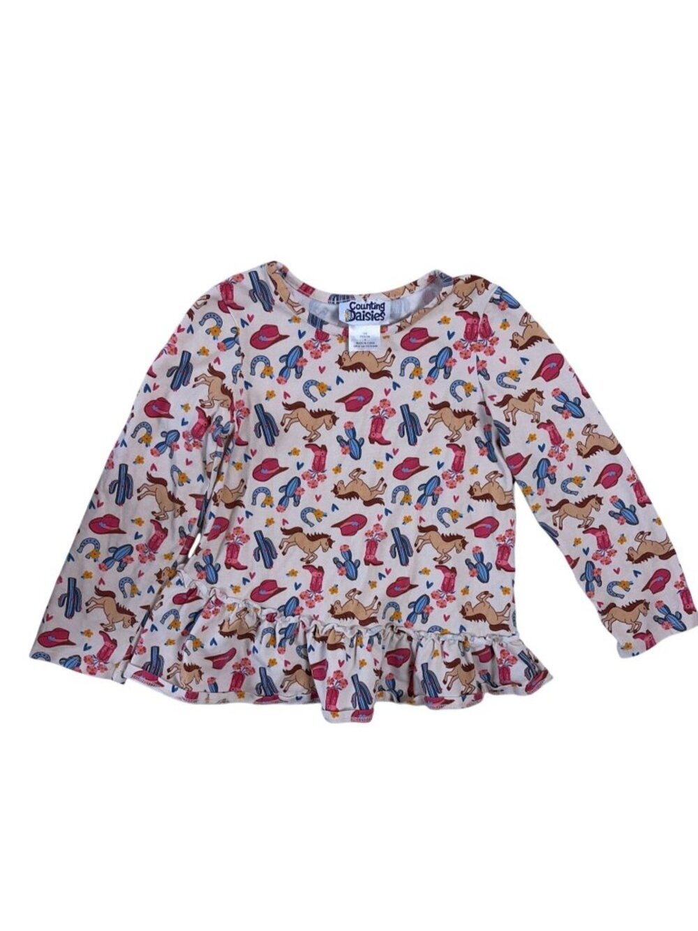 Counting Daisies Girls Long Sleeve Western Print SZ 6 Horses 100% Cotton